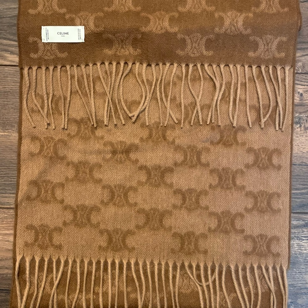 ❌SOLD❌ Celine Beige / Toffee Triomphe Monogram Cashmere Scarf - Picture 2 of 4